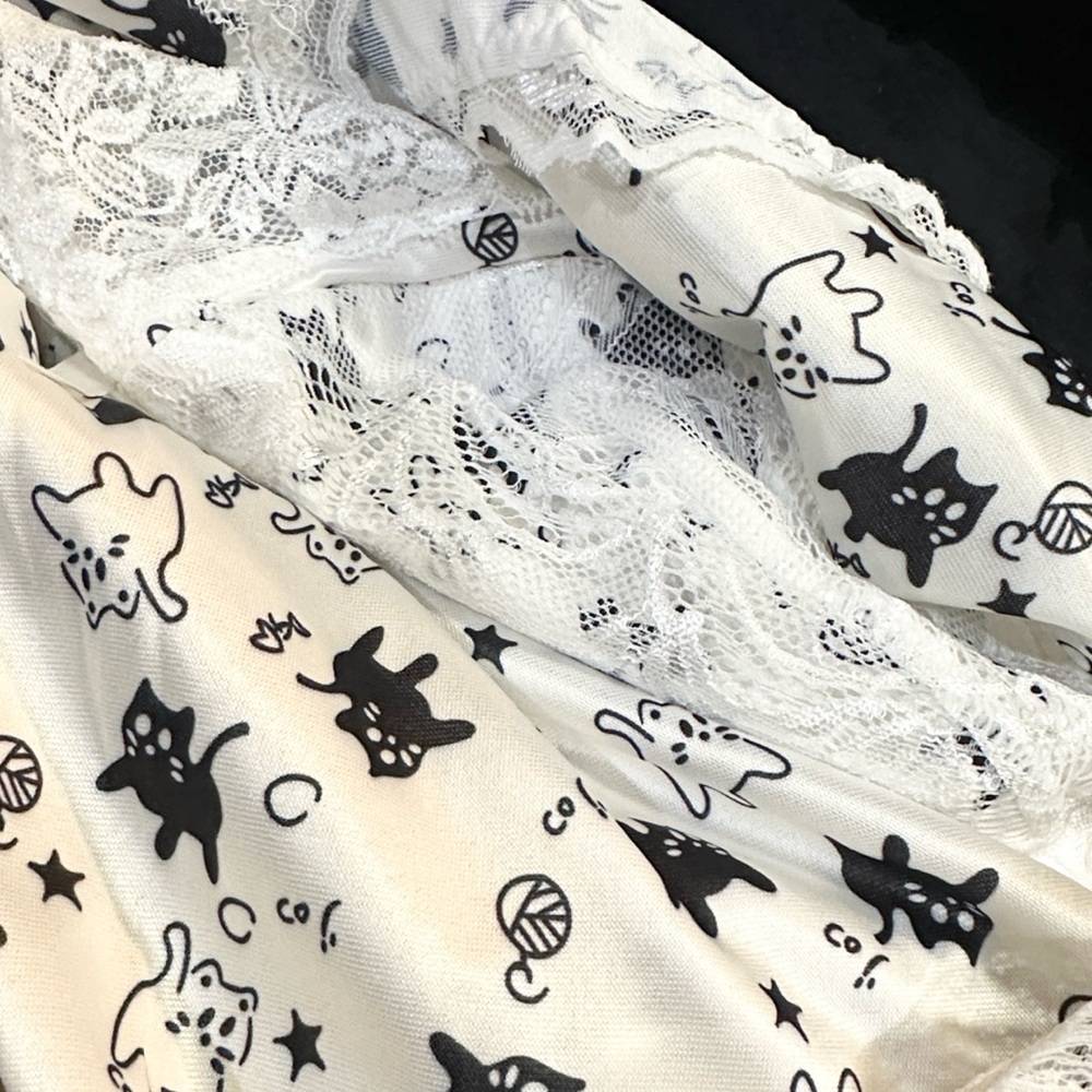 Cat Print Lace Sleepwear Set Lightweight Breathable Soft Jersey New Boutique - Picture 7 of 7